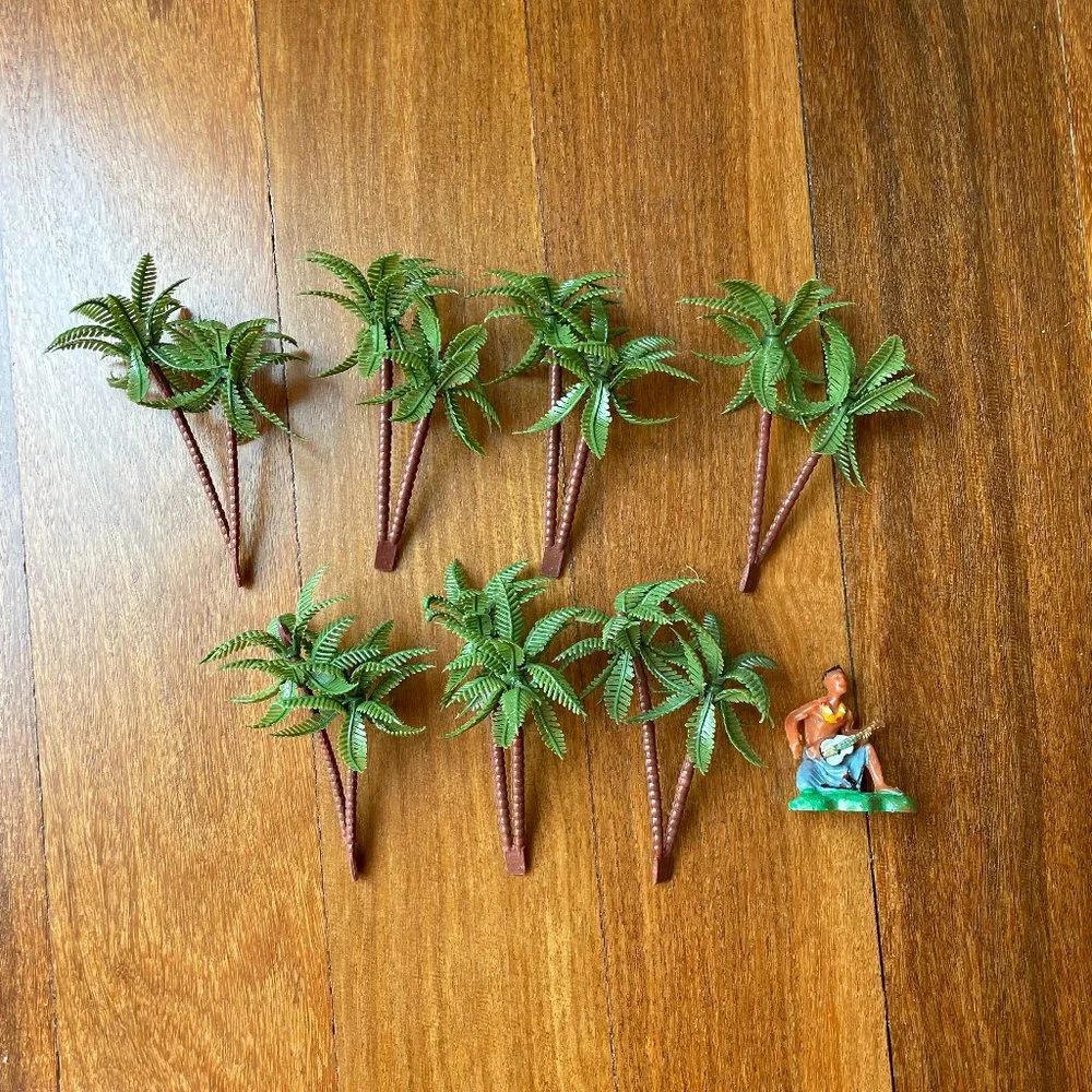 Seven (7) Palm Tree Sets and Hawaiian Ukulele Playing Man Plastic Cake Toppers